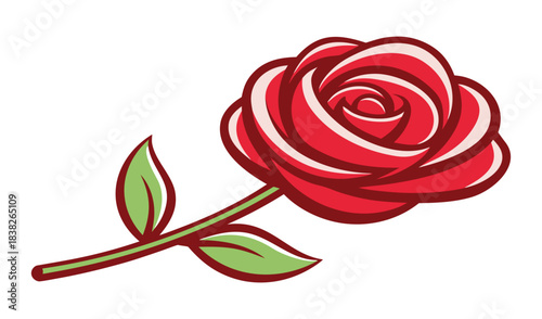 Stylized red rose with green leaves on a stem