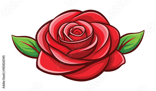 Vibrant red rose with green leaves illustration