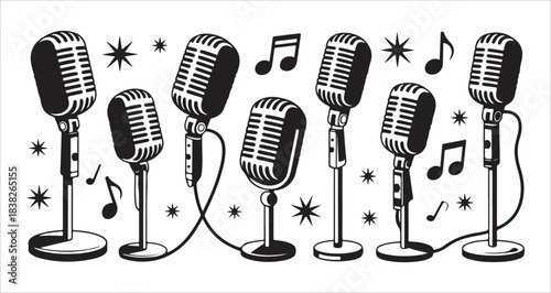 Group of vintage microphones with exploding design and musical notes black and white vector art