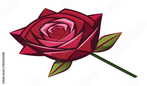 Stylized geometric red rose with green leaves and stem
