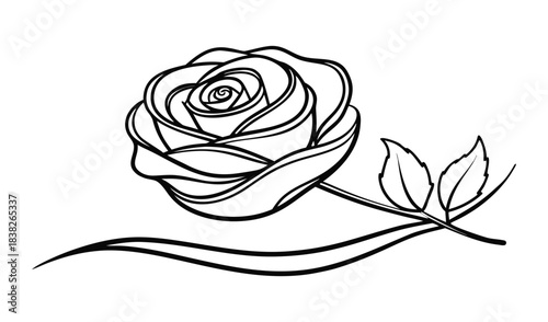 Elegant black and white line art rose with stem and leaves