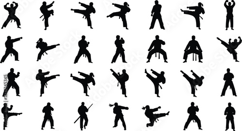 Martial arts silhouette collection, karate and kickboxing action poses, dynamic combat movements for training, fitness, self-defense illustrations, vector design set