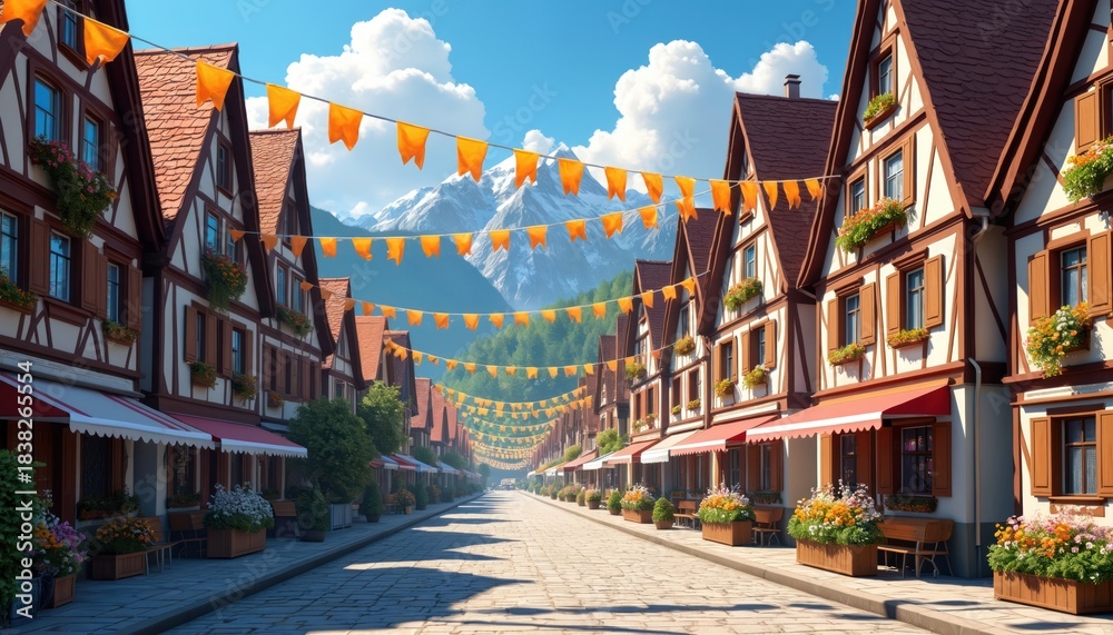 Fototapeta premium Half timbered houses line cobblestone street adorned with orange Oktoberfest flags under bright blue sky with snowy mountains. Green trees, blooming flowers add charm to festive European village.