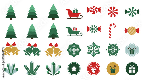 A collection of festive Christmas-themed icons including trees, sleighs, bells, snowflakes, candies, and gifts.