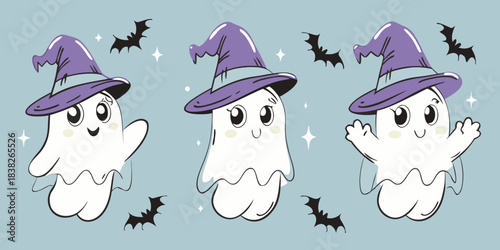 Three adorable ghosts wearing purple witch hats float amidst sparkling bats