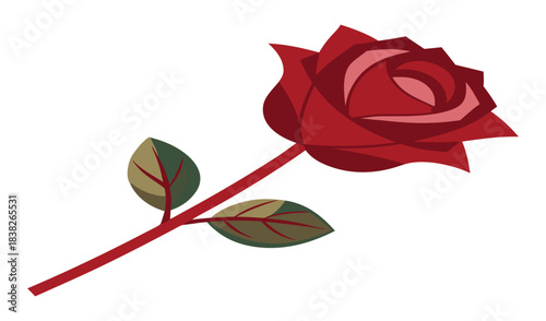 Stylized red rose with green leaves on white background