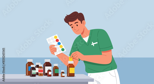 Pharmacist carefully labels medication bottles and checks a color-coded chart in a modern pharmacy setting