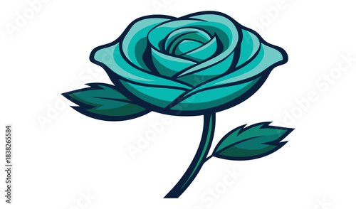 Beautiful teal rose with green leaves isolated on white background