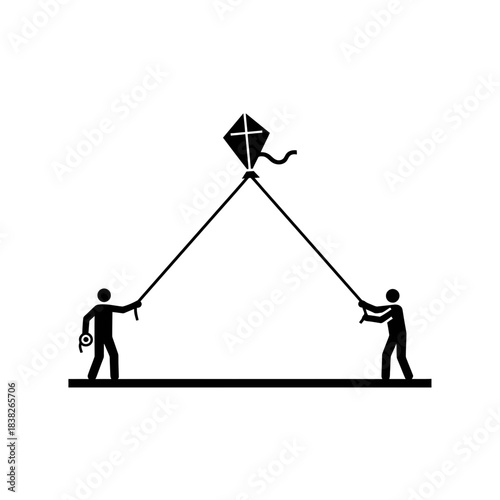 Two person rooftop kite string exchange vector illustration