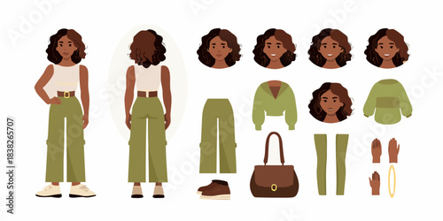 Illustration of a young woman with various poses and fashion items displayed