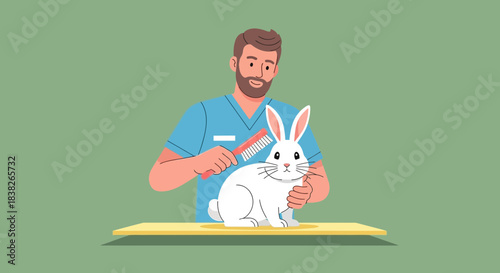 Veterinarian diligently grooming a fluffy white rabbit with a red brush, showcasing animal care and attention.