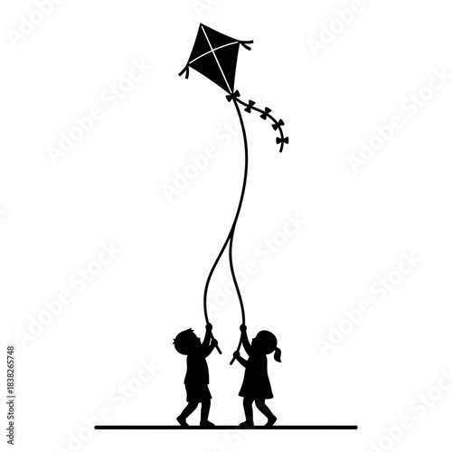 Two children sharing single kite string vector illustration