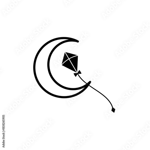 Kite flying in front of crescent moon vector illustration
