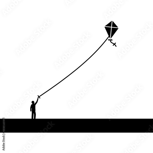 Flat field block with person and kite vector illustration