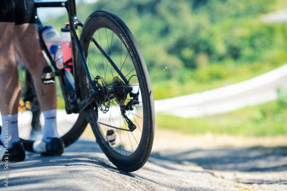 Fototapeta premium A cyclist pauses on a scenic road, showcasing the bike's rear wheel against a lush green backdrop.