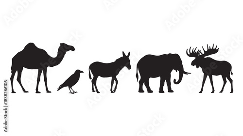Collection of animal silhouettes including a camel crow donkey elephant and moose isolated on a white background for graphic design