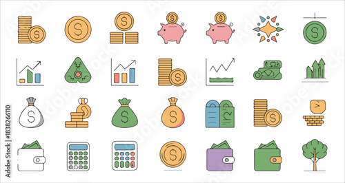 financial security icons set with shield coin and banknote linear style collection