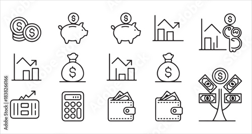 financial protection and security icons set of shield money and coins line style