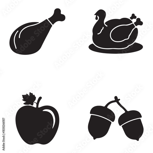 Thanksgiving Food Silhouette Icon Set Turkey, Chicken Leg, Apple, and Acorn Vector