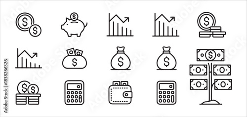 money and security icons set with shield wallet and banknote outline style