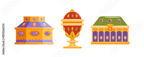 Gemstone jewelry box set a polished vector illustration showcasing elegant, gem boxes with luxe finishes, ideal for branding, product catalogs. Gifts of the Magi, gifts gold, frankincense, myrrh