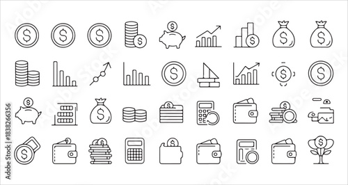 finance and investment icons set with money savings and growth concepts color line