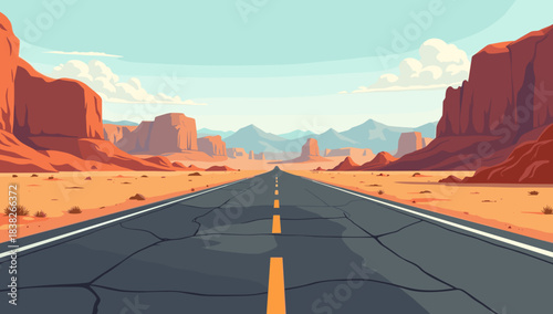 Endless desert highway with fractured asphalt leading across dry valley