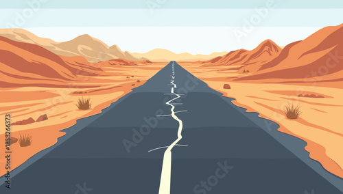 Straight desert road with central crack running through vast dry valley