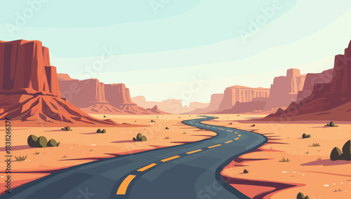 Twisting desert roadway with cracked asphalt cutting through dry valley