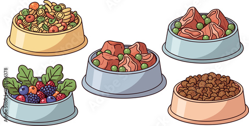 Pet food bowl illustration set featuring meat meals, vegetables, berries, mixed recipes, and dry kibble for animal nutrition designs