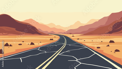 Curving arid roadway with fractured asphalt across dry valley