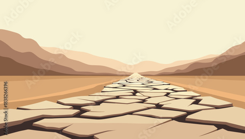 Dry valley path of broken earth stretching toward distant hills