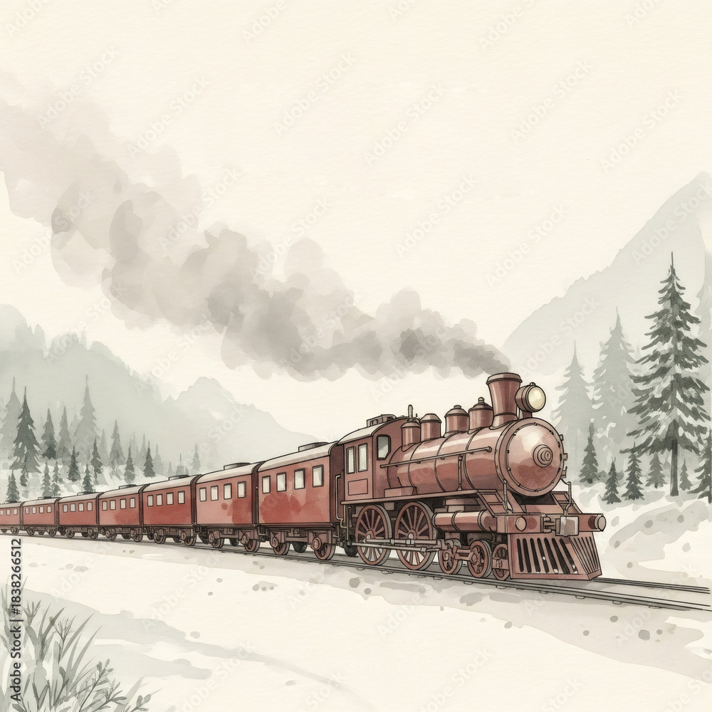 Obraz premium Steam train traveling through a snowy winter landscape, a vintage locomotive on tracks. Christmas holiday scene for greeting card design.
