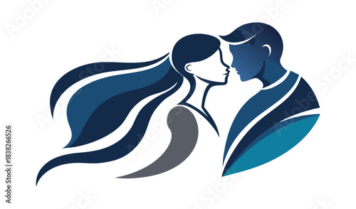 Stylized silhouette of a couple embracing in blue tones
