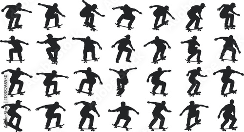 Silhouette skateboarder performing dynamic tricks, extreme sports action sequence, urban skating movement, energetic stunt poses, monochrome athletic skateboarding illustrations