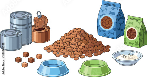 Pet food collection illustration featuring dry kibble, canned food, treat cubes, feeding bowls, and packaging for animal care designs