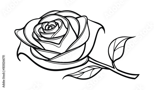Black and white line drawing of a single rose with stem and leaves