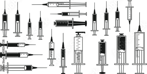 Silhouettes and outlines of medical syringes, injection tools, healthcare equipment illustration collection set for medicine design, clinical supplies, hospital concepts