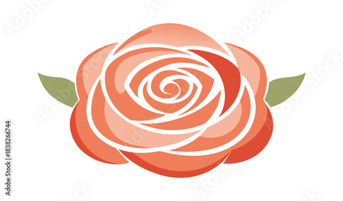 Stylized orange rose with green leaves isolated on white background