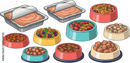 Pet food collection illustration featuring wet food trays, kibble bowls, mixed meals, and assorted recipes for animal nutrition designs