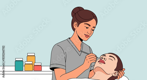 A beautician applying a cosmetic treatment to a client's lips with a tool