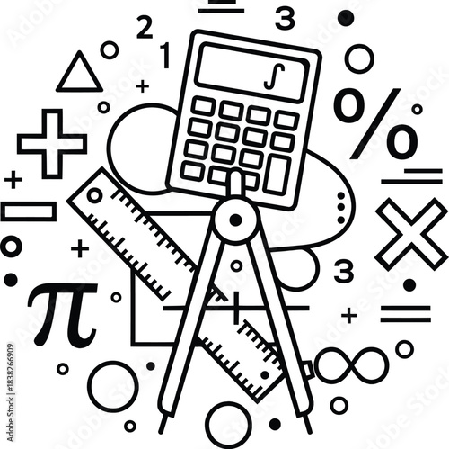 Educational monochrome vector icon featuring an array of mathematical instruments and symbols, representing calculations, learning, and abstract scientific concepts