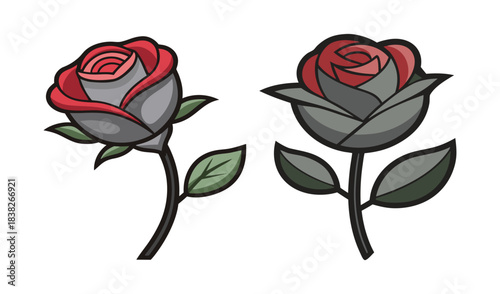 Two stylized roses with red petals and grey leaves on white background