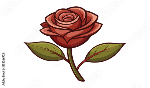 Hand drawn illustration of a single red rose with green leaves