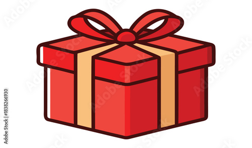 A bright red gift box with a golden ribbon and bow