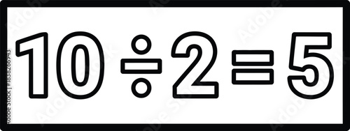 Vector graphic presenting the mathematical division problem of ten divided by two equaling five, an essential arithmetic concept for educational purposes and learning basic calculations