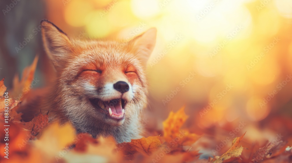 Naklejka premium Fox enjoys autumn in a forest with colorful leaves and warm sunlight