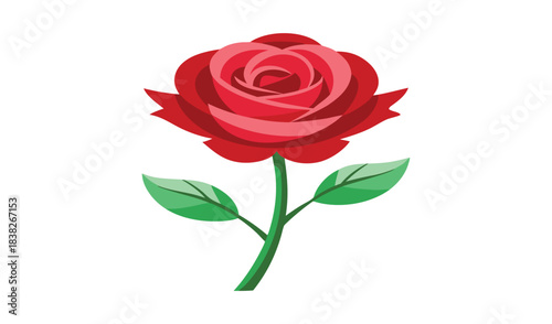 A single vibrant red rose with green leaves on a white background