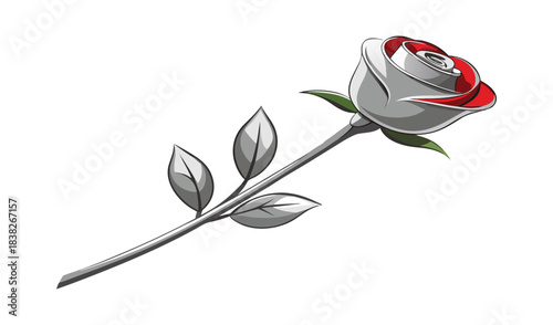 Single elegant rose with red tipped petals and green leaves on a white background