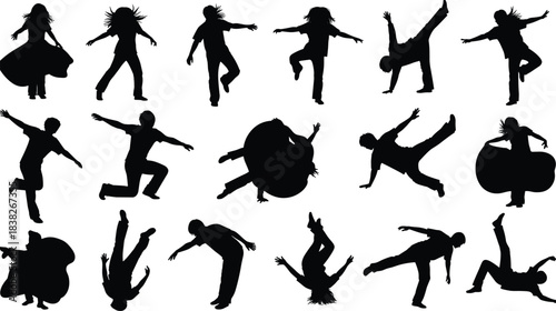 Silhouettes of dancing people in dynamic movement poses, expressive dance motion collection illustration set for performance, choreography, artistic energy design concepts